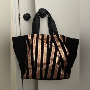 Victoria's Secret Black Tote with Rose Gold Logo Stripes